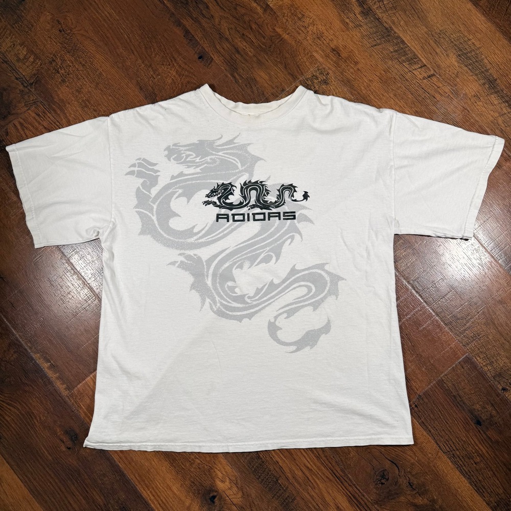 Rare Vintage Adidas Dragon Graphic White Tee Short Sleeve Y2K Streetwear Men L